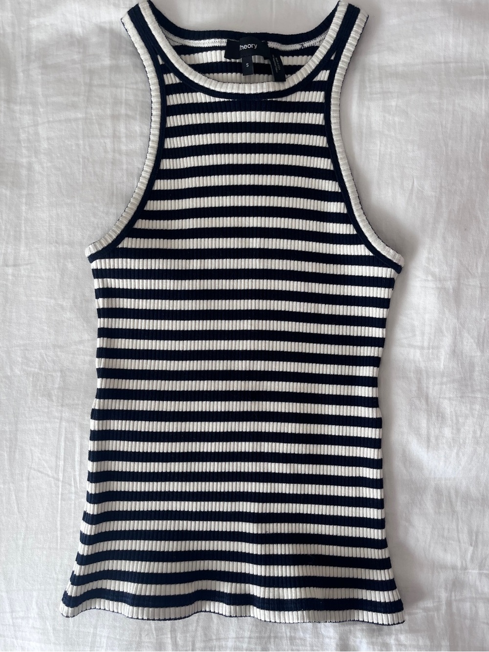 Theory Navy and Cream Striped Ribbed Racerback Tank Top